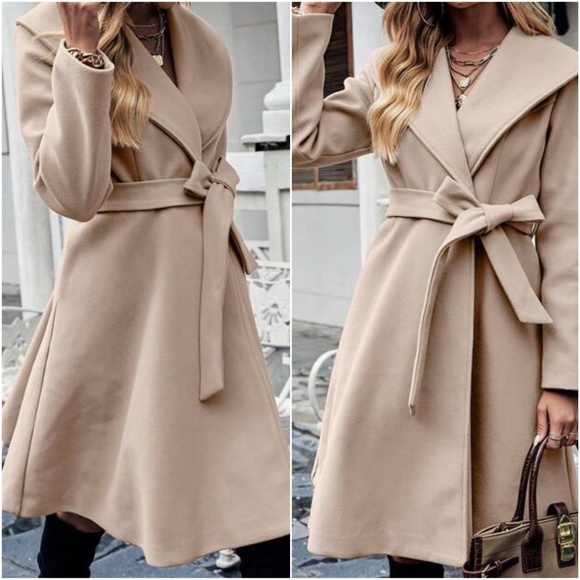 Classic Wide Collar Belted Double Breasted Jacket Coat - Picture 5 of 8